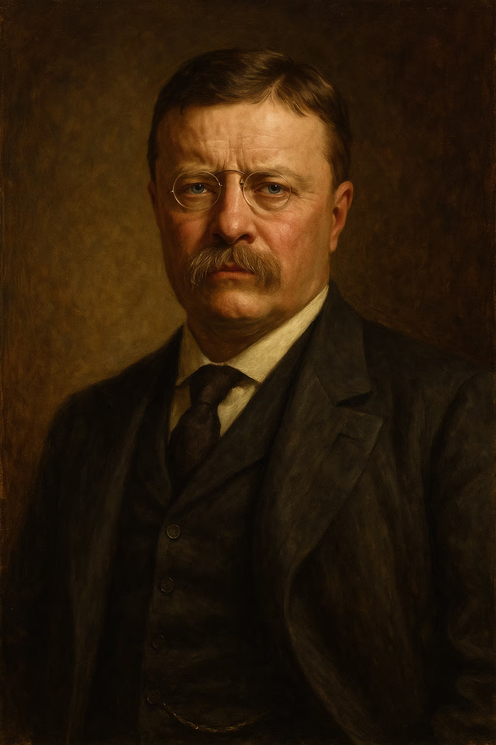 Portrait réaliste de Theodore Roosevelt en costume sombre, moustache fournie et pince-nez, regard déterminé, éclairage évoquant un studio du début du XXe siècle.