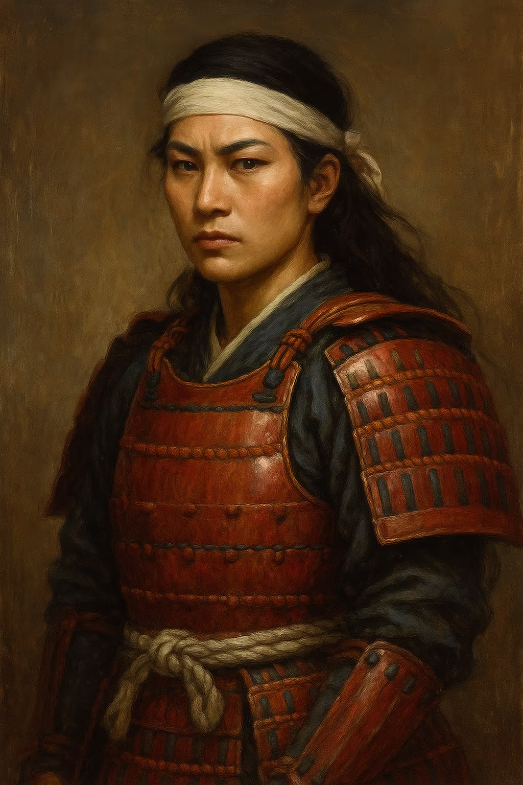 Portrait réaliste de Tomoe Gozen en armure lamellaire du XIIe siècle, coiffure relevée sous un eboshi, arc yumi à la main et regard déterminé, fond évoquant une scène de bataille de la guerre de Genpei.