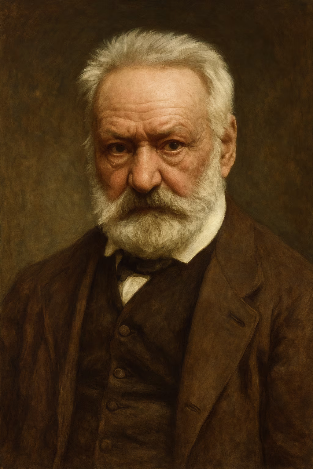 Portrait réaliste de Victor Hugo dans sa maturité, barbe fournie et cheveux argentés, redingote sombre, lumière chaude rappelant un atelier parisien du XIXe siècle.