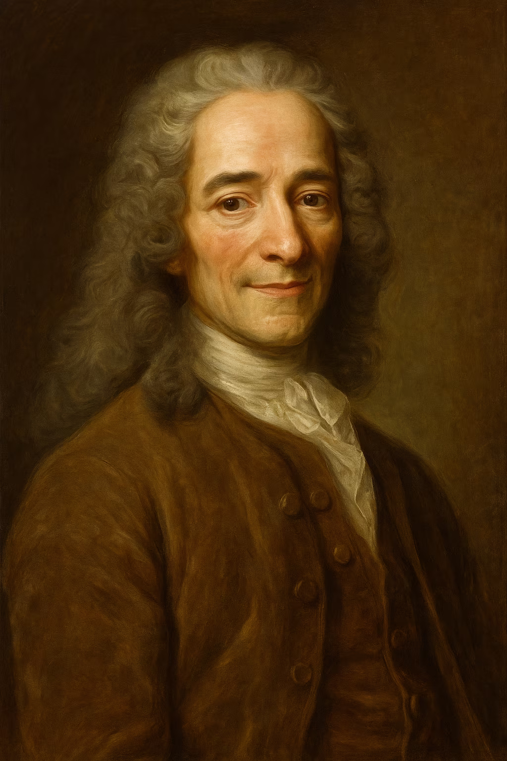 Portrait réaliste de Voltaire âgé, perruque poudrée, habit brodé du XVIIIe siècle, tenant une plume sur un bureau éclairé par une lumière chaude de salon parisien.