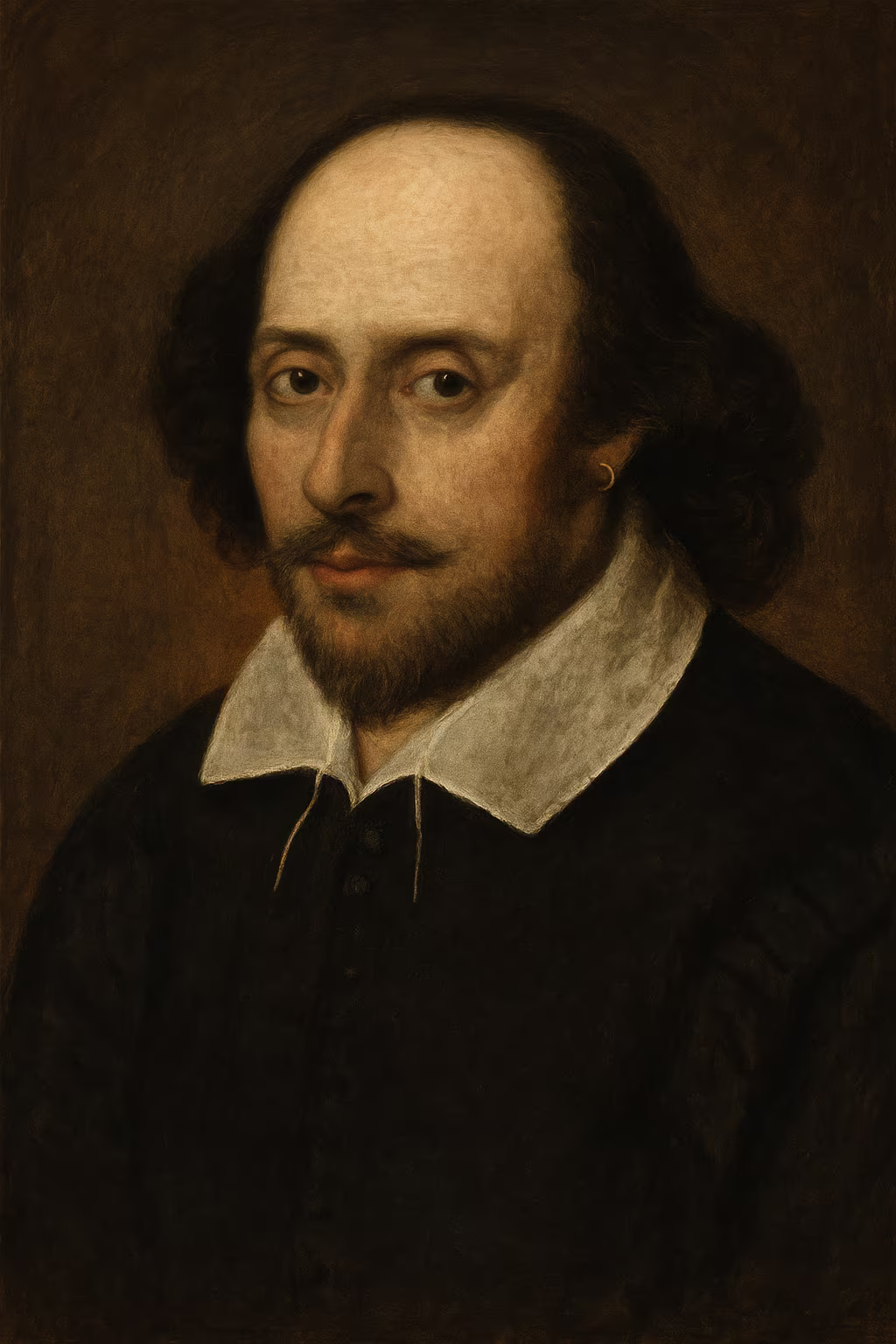 Elizabethan portrait of William Shakespeare with a white ruff, dark doublet, and thoughtful gaze under warm studio lighting.