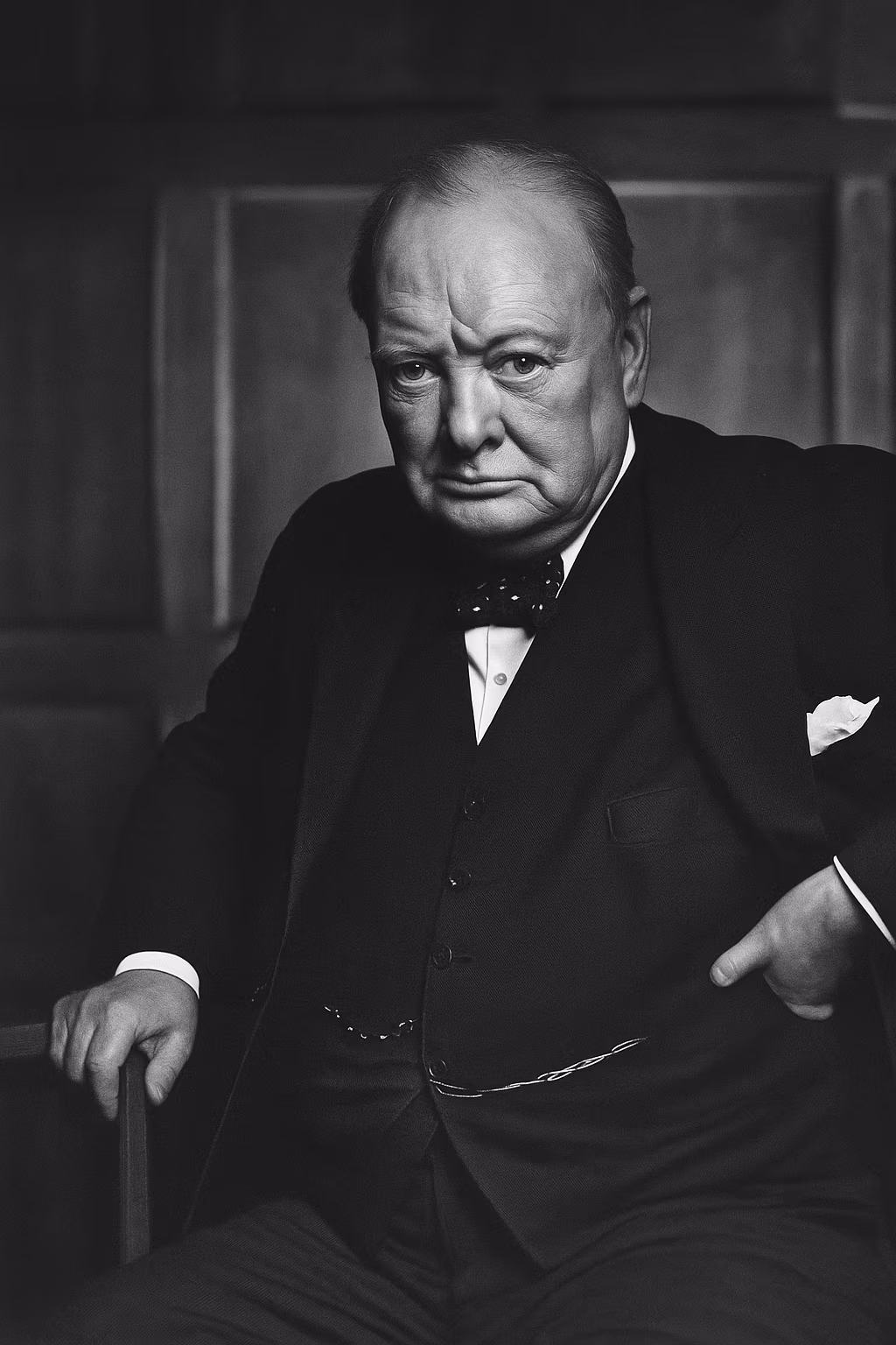 Portrait en noir et blanc de Winston Churchill vers 1940, vêtu d’un costume sombre et d’un nœud papillon, tenant un cigare, regard déterminé, symbole du leadership britannique pendant la Seconde Guerre mondiale.
