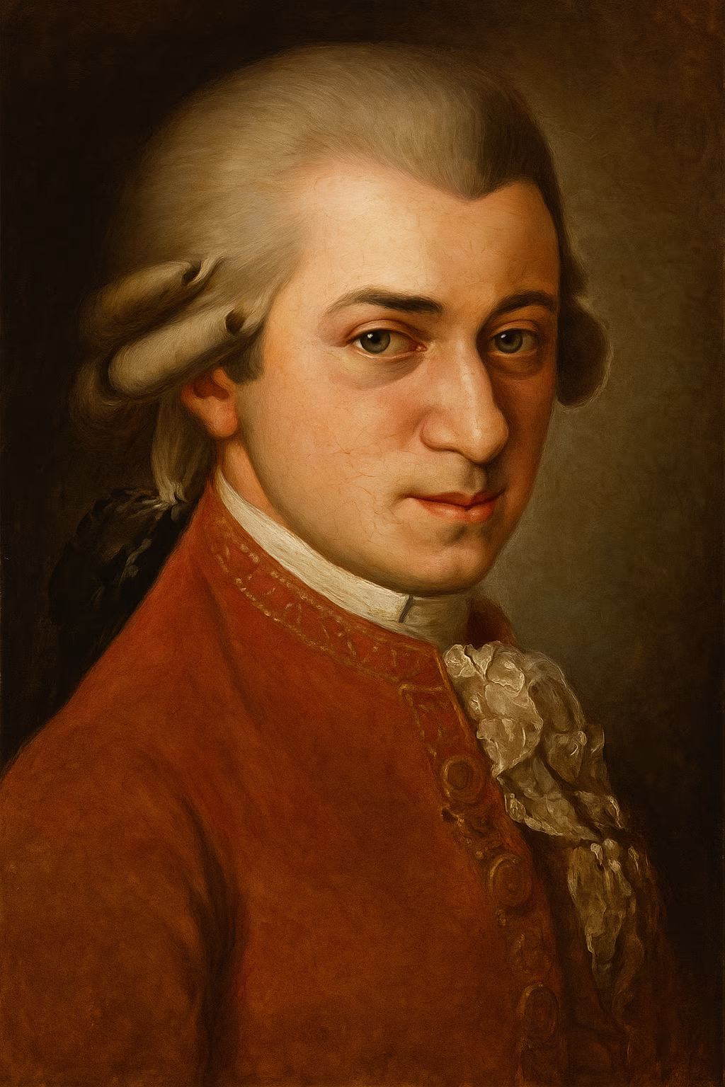 Portrait réaliste de Wolfgang Amadeus Mozart en habit de cour rouge, perruque poudrée, plume et partition posée devant un clavecin, éclairage évoquant un salon viennois du XVIIIe siècle.
