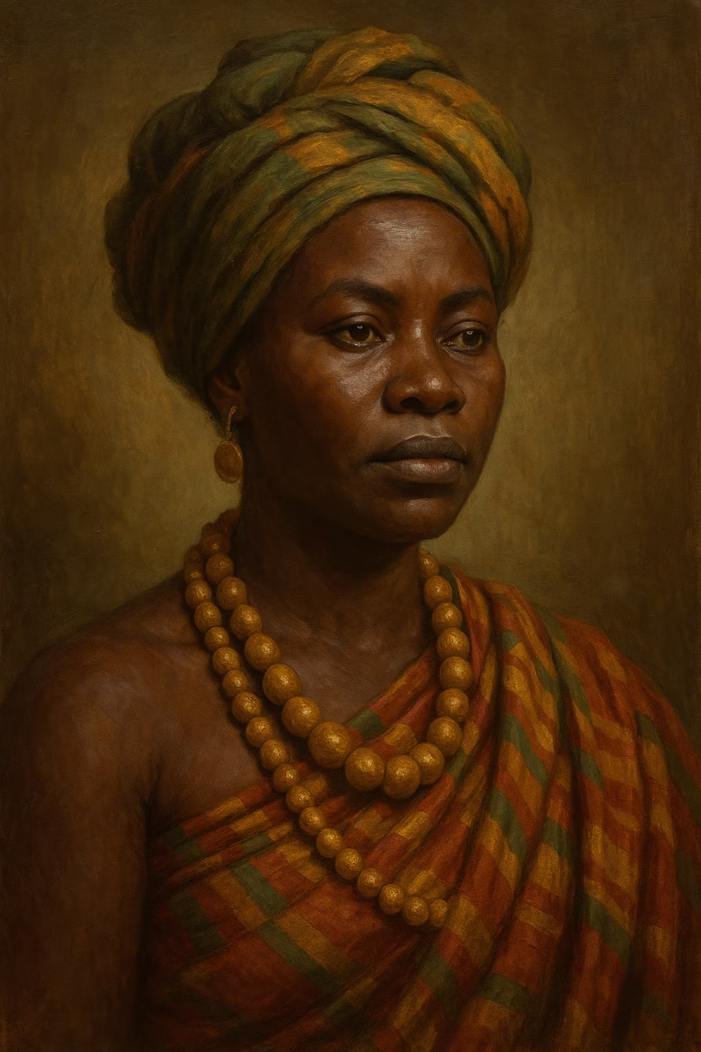 Portrait réaliste de Yaa Asantewaa, femme ashanti mûre en kente richement tissé, tenant une lance cérémonielle et un fusil ancien, regard déterminé, décor de palais en terre d'Ejisu.